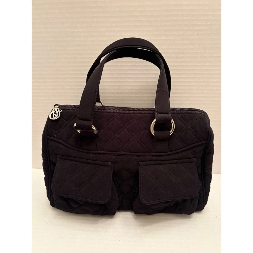 Vera Bradley Black Quilted Microfiber Satchel Handbag with Front Pockets